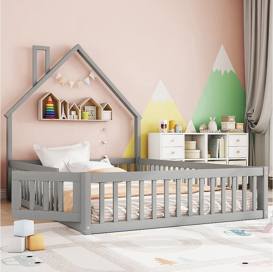 Łóżko dziecięce tapicerowane - 140 x 190 cm - kominek - ze stelażem listwowym (bez materaca) - MDF - szare