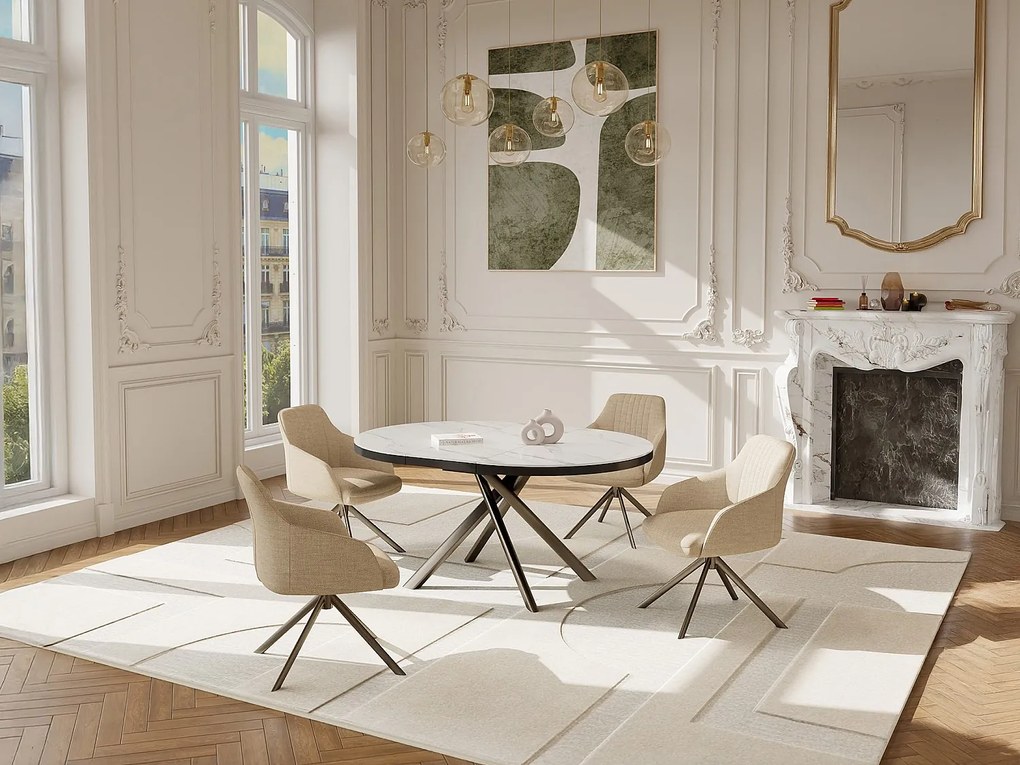 Stół do jadalni rozkładany dla 4-6 osób z ceramiki, MDF i metalu - Efekt białego marmuru i brązu - FEROLA