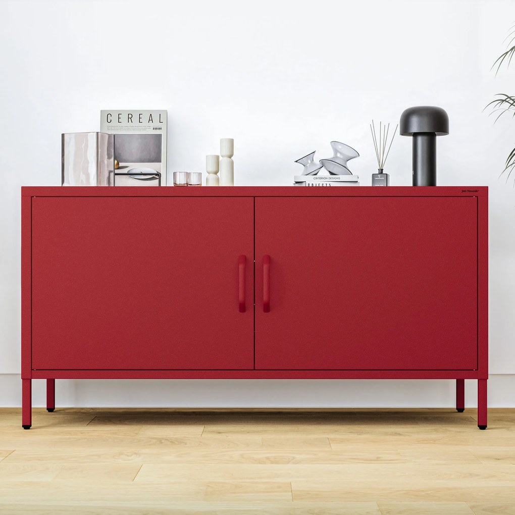 Szafka RTV metalowa na nóżkach czerwona, 1150x595x400 mm: ROSA Modern