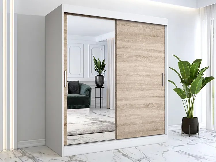 Szafa przesuwna biały + dąb sonoma 180 cm - Seko 5X