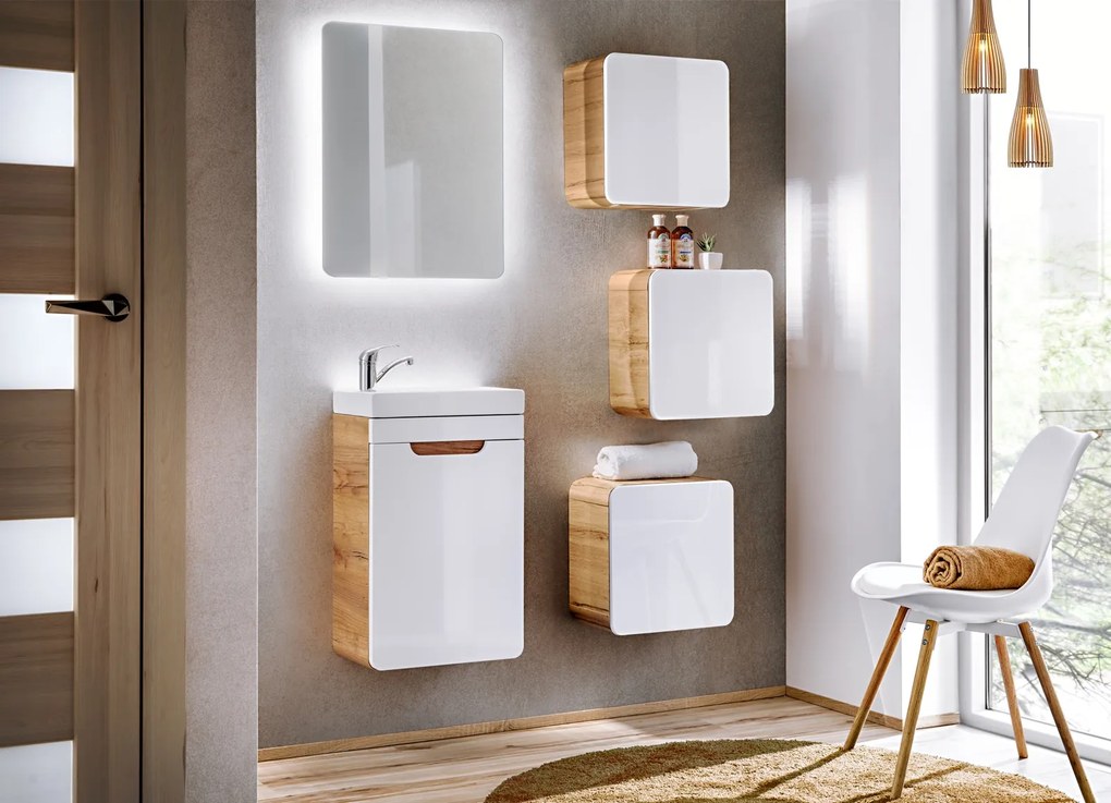 Mała szafka do łazienki Qubik Aruba 831 FSC, dąb craft złoty/biały połysk