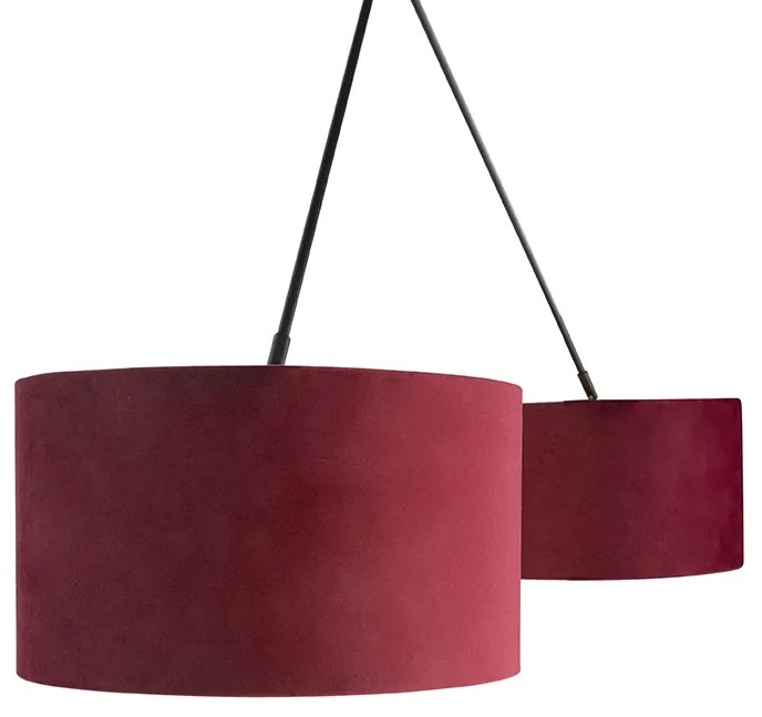 Lampa wisząca czarna z czerwonymi i złotymi abażurami z weluru 35 cm 2-światłowa - Blitz klasyczny/Antyczny Oswietlenie wewnetrzne