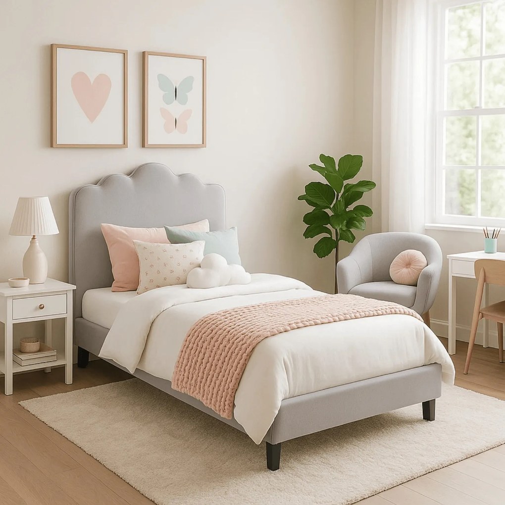 Łóżko Tapicerowane 90x200 cm CRATER ze Stelażem Młodzieżowe Boucle Szare