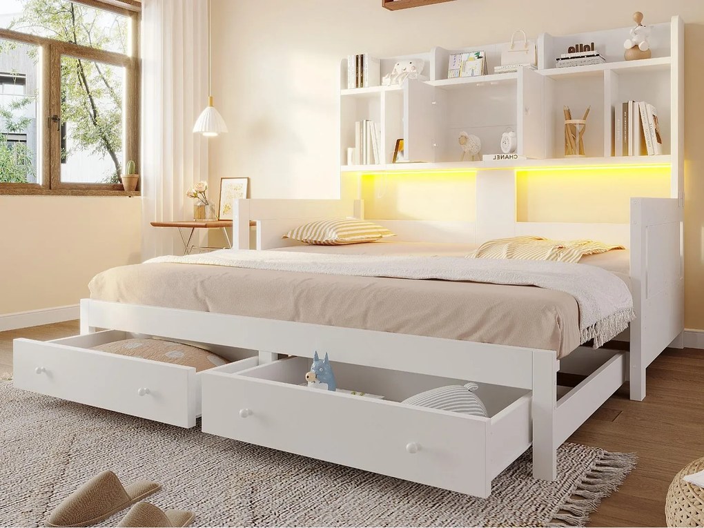 Rozkładana kanapa wielofunkcyjna z drewna 90x190cm - z 2 szufladami - z przegrodami - z gniazdkiem elektrycznym - z oświetleniem LED - biała (materac nie wliczony)