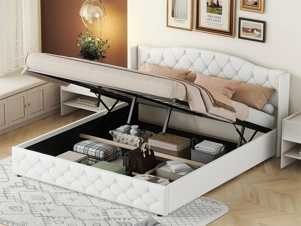 Łóżko ze schowkiem - 180 x 200 cm - tkanina lniana - stelaż z listew - białe