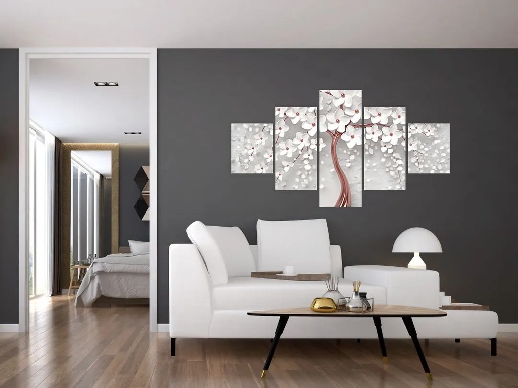 Obraz - Obraz białego drzewa z kwiatami, rosegold (125x70 cm)
