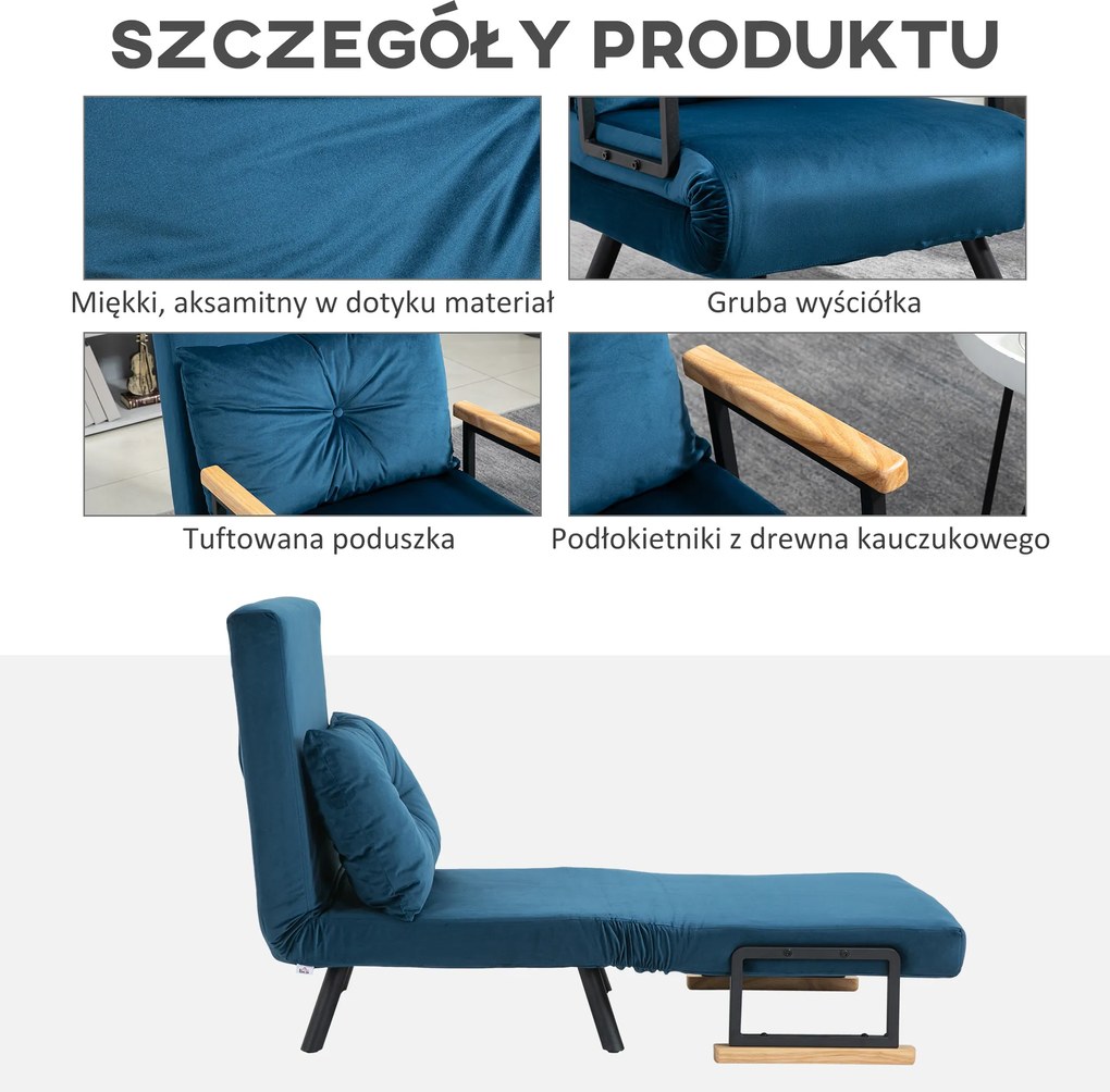 HOMCOM Aksamitny Fotel Relaksacyjny - Funkcja Leżanki, Niebieski Kolor, 63x73x81cm - Wygoda na Co Dzień | Aosom PL