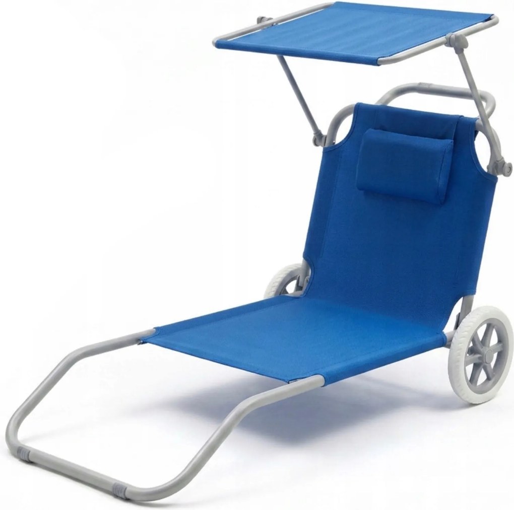 Leżak plażowy Solmare z daszkiem i kołami - składany leżak ogrodowy, niebieski