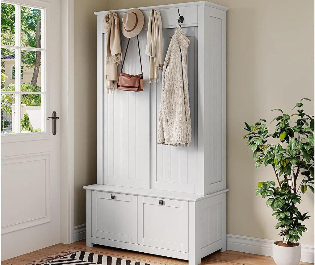 Zestaw na hol 100x50x180 cm - Szafa na buty - z wieszakami - MDF - Biały