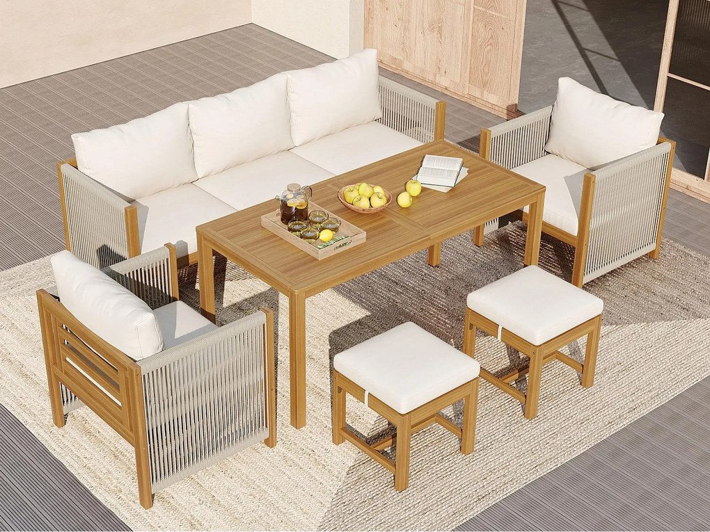 Zestaw jadalniany ogrodowy na 7 osób, kanapa, 2 sofy jednoosobowe, 2 taborety, stół jadalniany, blat z akacji, stal ocynkowana, Beżowy