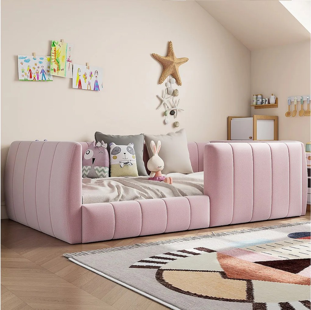 Łóżko tapicerowane platformowe dla dzieci - 90 x 200 cm - z barierką - MDF - różowe