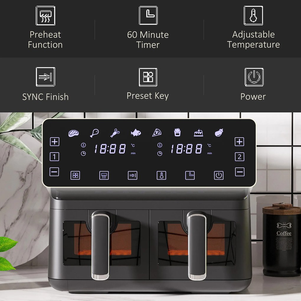 HOMCOM Frytkownica na gorące powietrze, 2 koszyki po 4 litry, 8 programów, światło, timer, 38,5 x 38 x 30,5 cm, Czarna