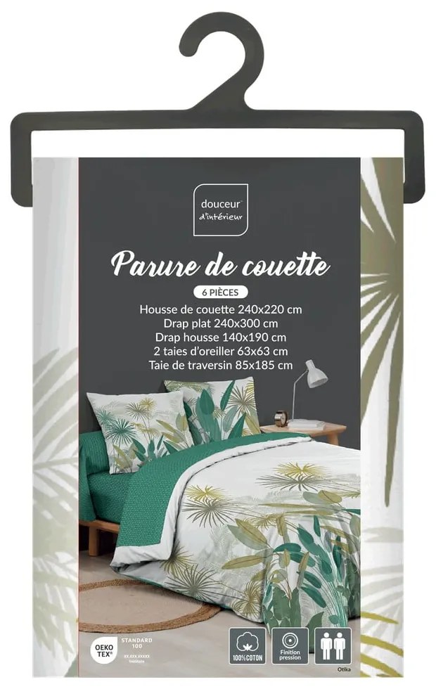 Biało-zielona bawełniana pościel dwuosobowa z prześcieradłem/6-częściowa 240x220 cm Otika – douceur d'intérieur