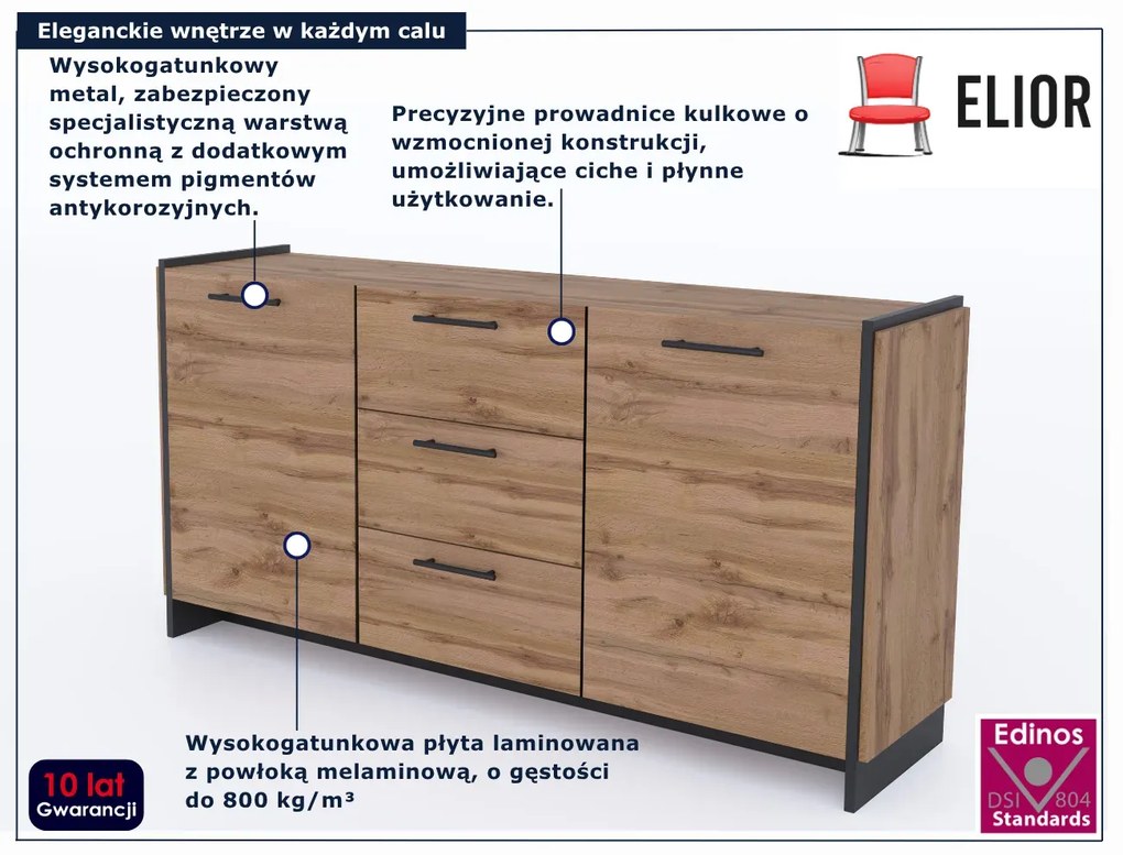 Długa komoda z 3 szufladami dąb wotan + czarny A8-L42