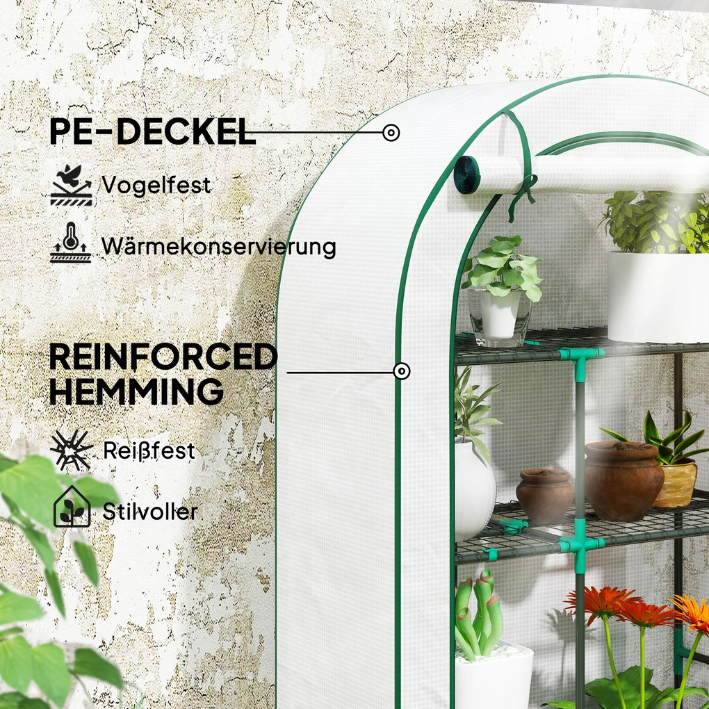 Outsunny Mini-szklarnia, 4-poziomowa szklarnia z folią plastikową, przenośna, z rolowanymi drzwiami, 100 x 45 x 160 cm, biała