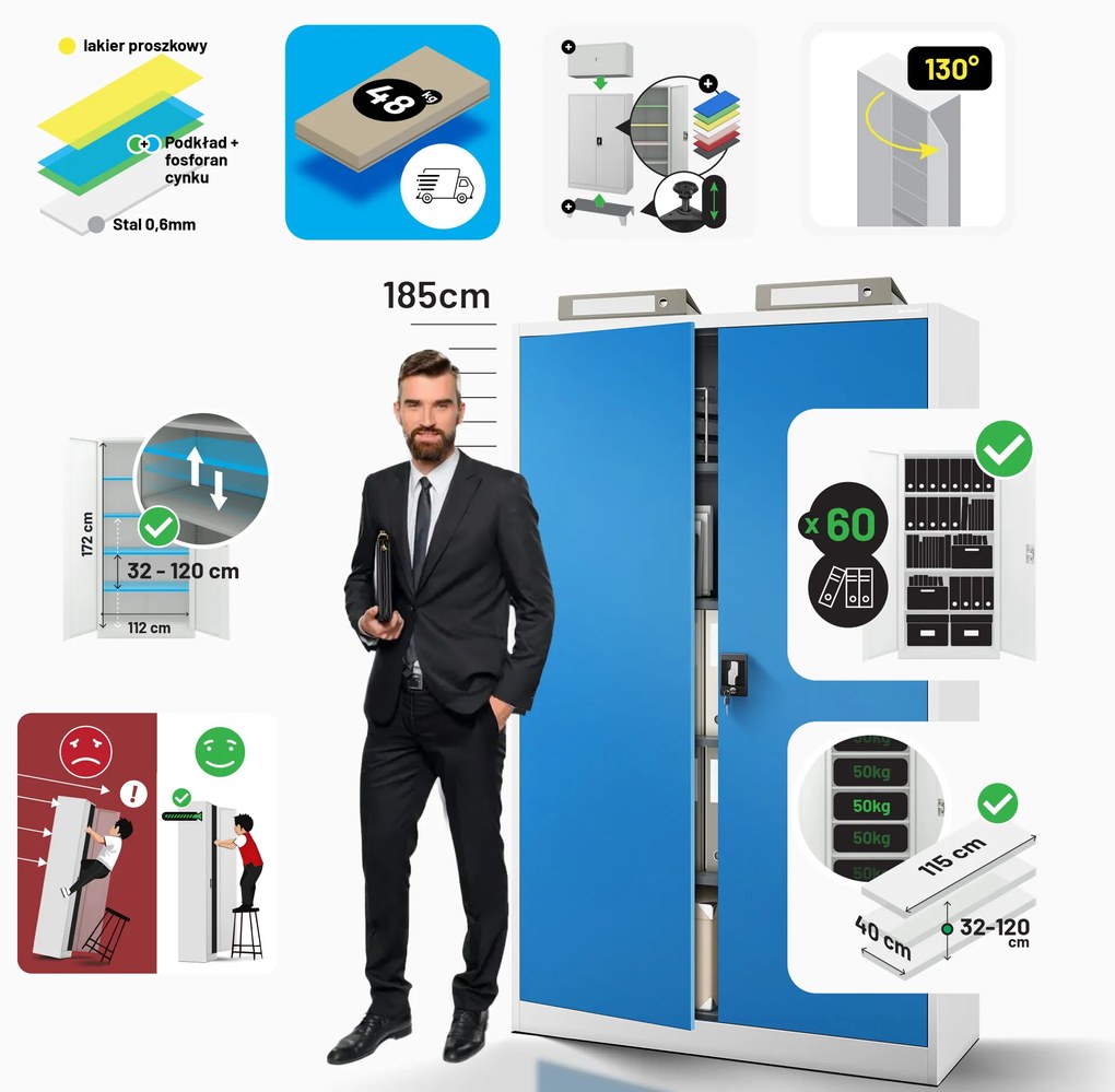 Szafa biurowa metalowa na akta szaro-niebieska JAN II, 1150 x 1850 x 400 mm