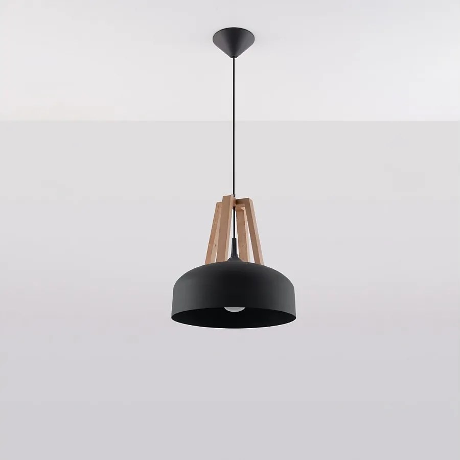 Lampy wiszące nowoczesny Solivo, stal/drewno - 1 źródło światła 4000K - L.30 x H.85 cm - czarny/naturalne drewno