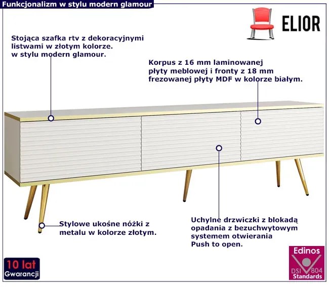 Frezowana stojąca szafka rtv biały + złoty - Ormond 10X