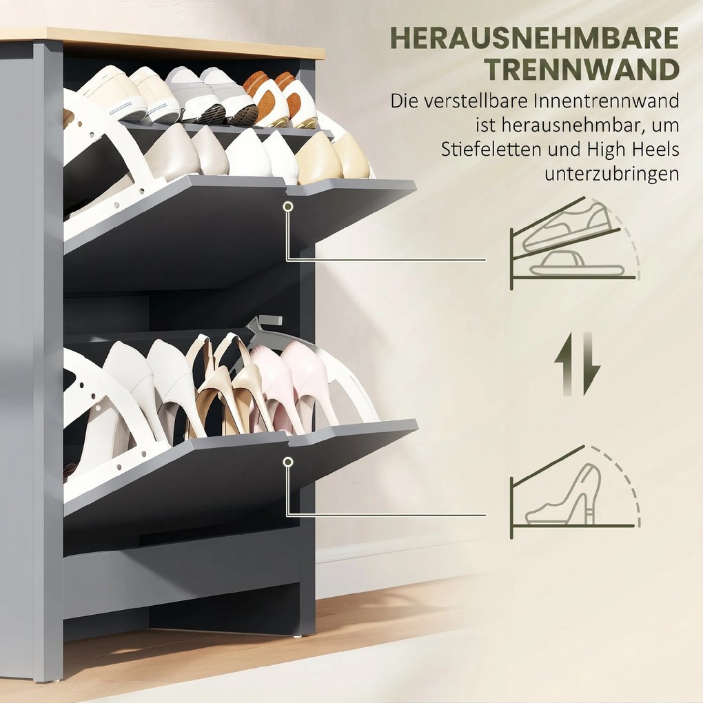 HOMCOM Szafka na buty z 2 klapowymi przegrodami, regulowana przegroda na 8-12 par butów, 72 x 26 x 80 cm, Ciemnoszary | Aosom PL