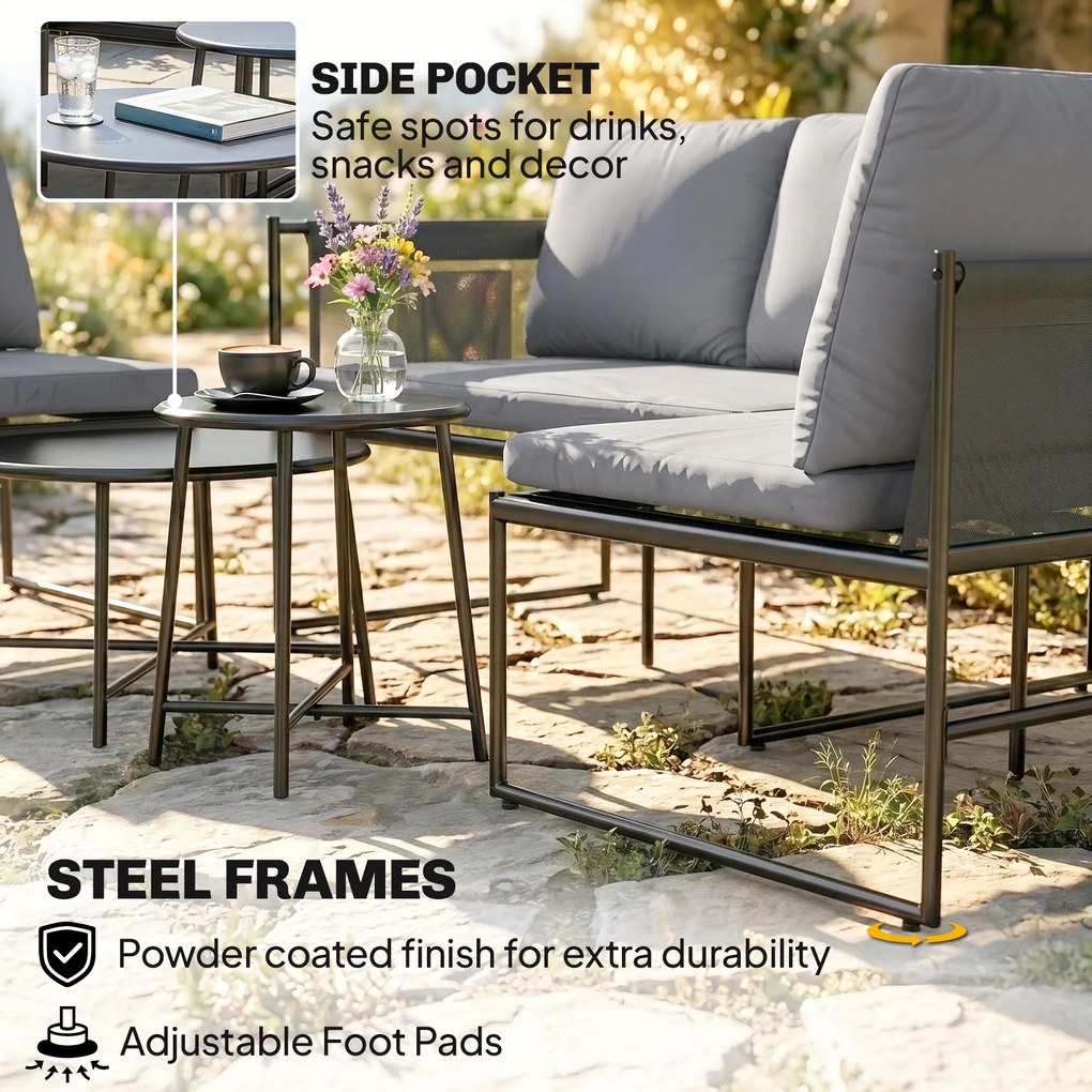 Outsunny Zestaw mebli ogrodowych lounge, 4-5 osób, kanapa dwuosobowa, stolik, krzesło, grube poduszki, siatkowe siedziska | Aosom PL