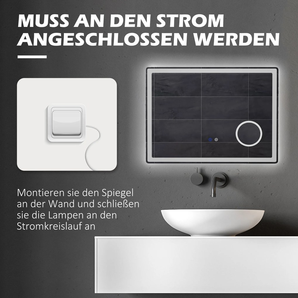 kleankin LED Lustrzko łazienkowe z 3x powiększeniem Oświetlenie 80x3 8x60cm Białe | Aosom PL