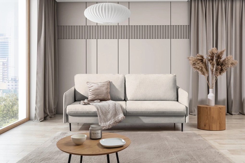 Kanapa z funkcją spania Taila - beżowa plecionka Loft 01 / czarne nogi