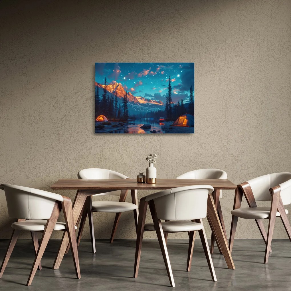 Obraz na szkle - Kemping w górach (70x50 cm)