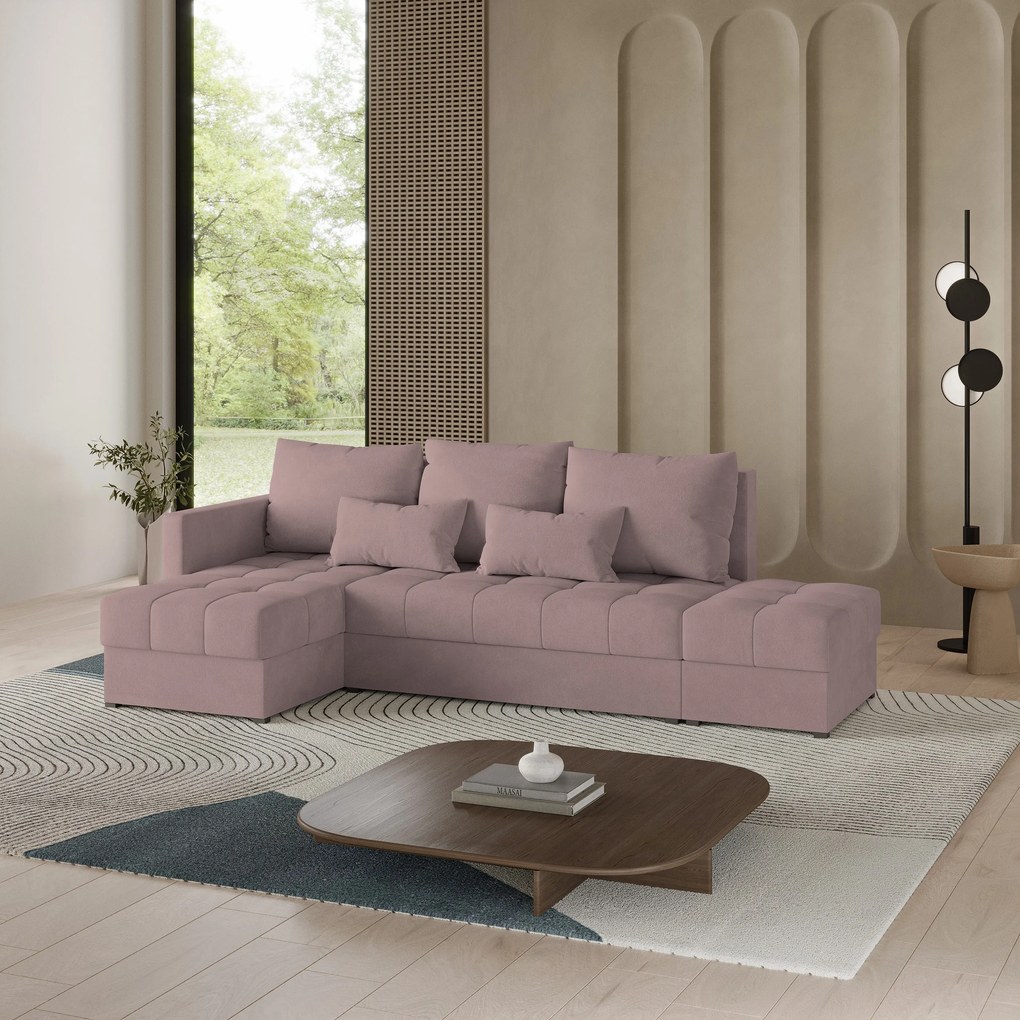 Masseno Narożnik LUMARI z funkcją spania i pojemnikiem na pościel Narozniki L, Rozkładana sofa - Pudrowy róż, KRONOS 27