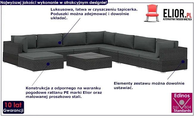 9-częściowy czarny zestaw wypoczynkowy do ogrodu - Owis 9B