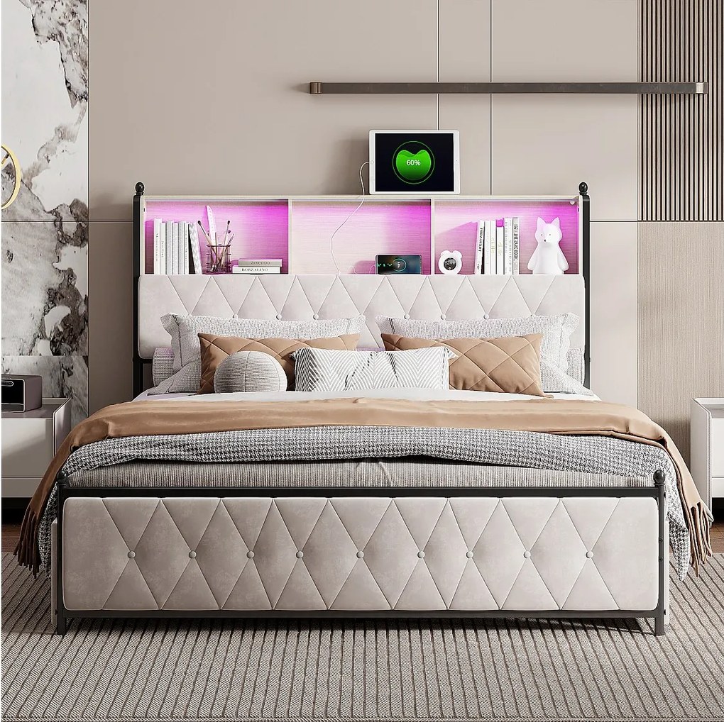 Łóżko 140x200 cm z muzycznym podświetleniem LED w zagłówku, 4 szuflady do przechowywania i porty USB, nowoczesny design w kolorze beżowym