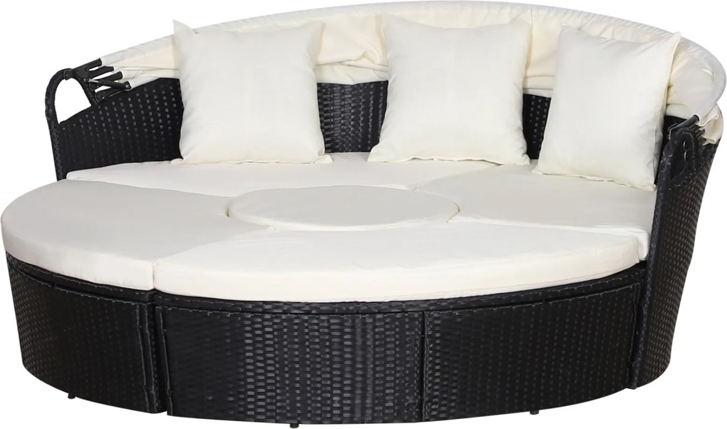 Rattanowa wyspa z daszkiem przeciwsłonecznym Stół krzesła Metalowe poduszki Kremowy komplet | Aosom PL