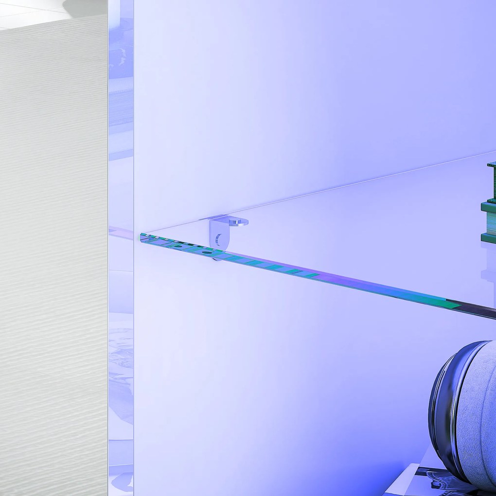 HOMCOM Stolik TV z oświetleniem LED, 2 drzwi szafy, szklana półka, otwory na kable, do salonu, płyta wiórowa, Biały