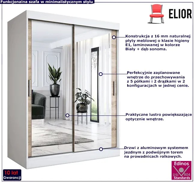 Szafa przesuwna z lustrem 150 cm biel + dąb sonoma - Kukkin 4X