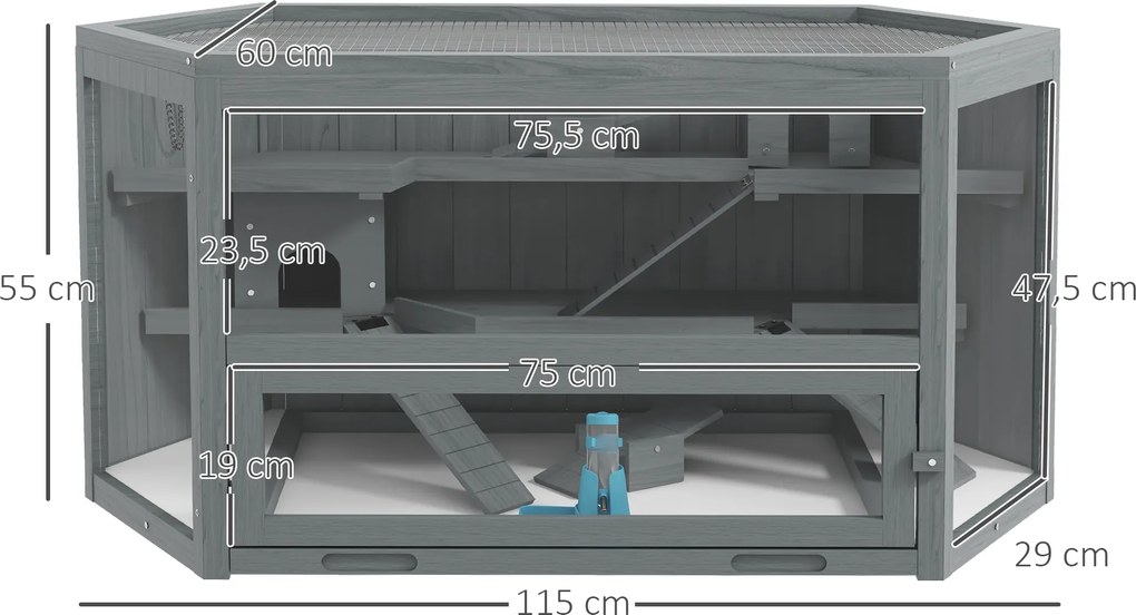 PawHut Klatka dla chomika, 3 poziomy, wyjmowana taca, Drewno/Metal, 115x60x55 cm