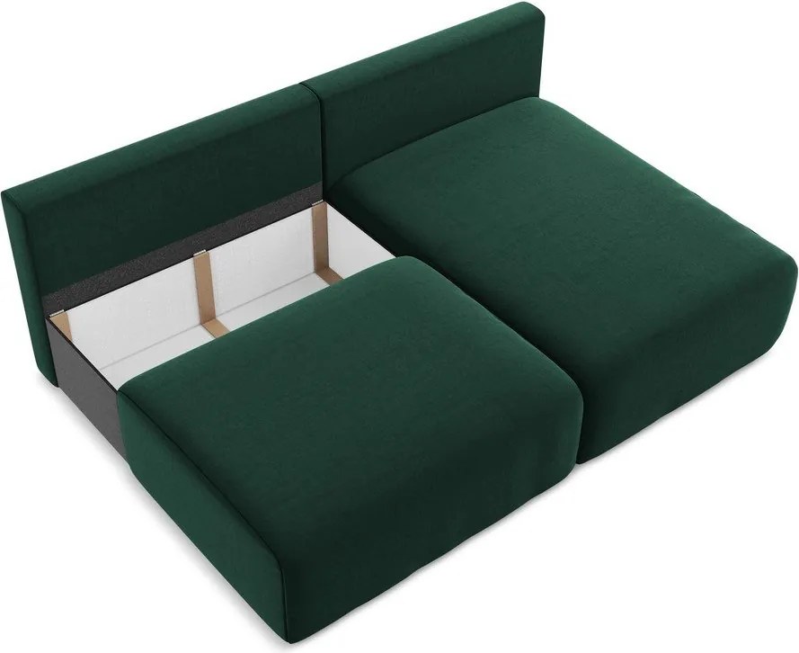 Ciemnozielony aksamitny rozkładany narożnik ze schowkiem (prawostronny/z szezlongiem) Kalena – Makamii