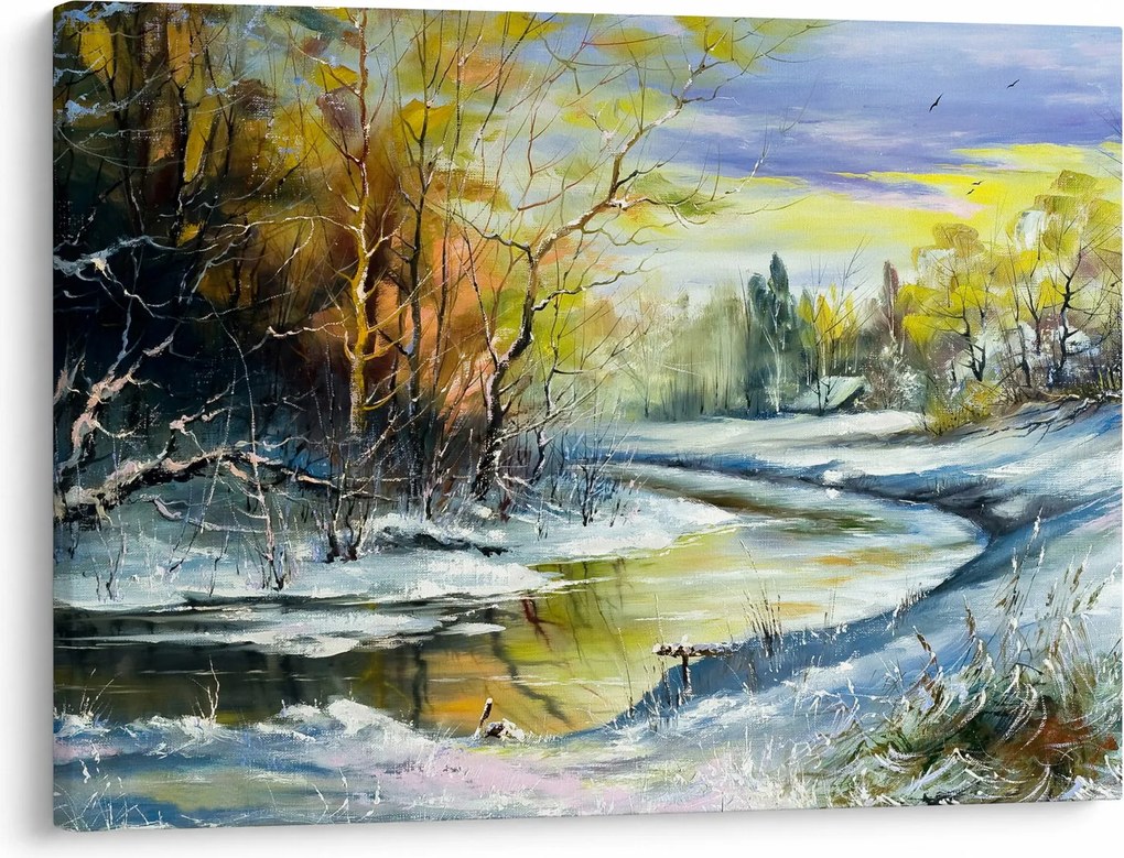 Obraz zimowej rzeki, obraz olejny (70x50 cm)