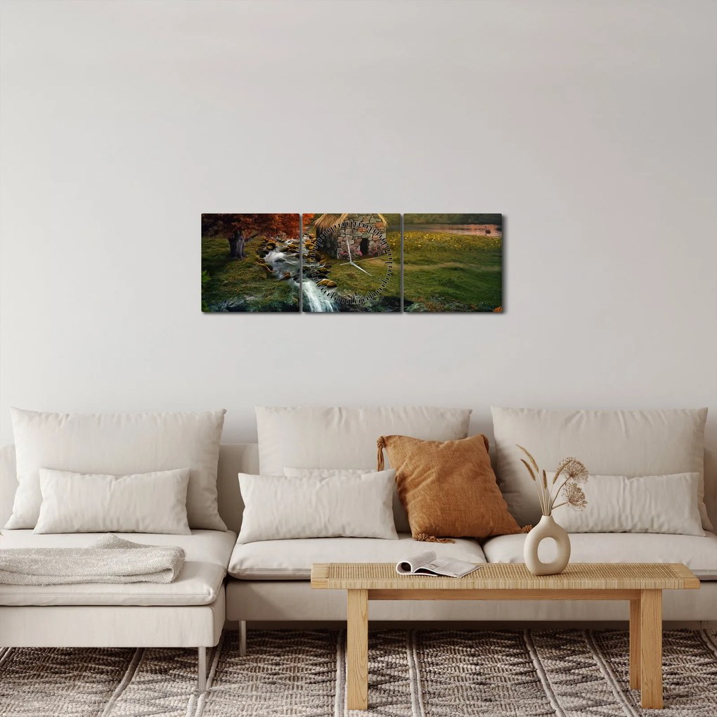 Obraz domku w bajkowym krajobrazie (z zegarem) (90x30 cm)