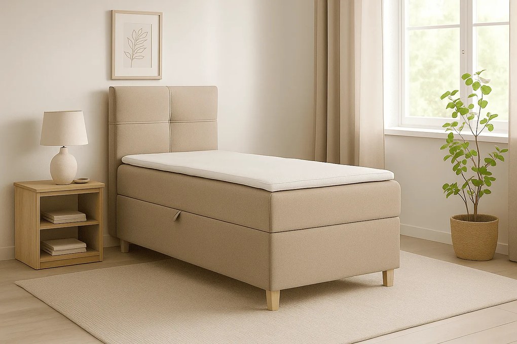 Praktyczne łóżko kontynentalne z wygodnym materacem i panelowym zagłowiem - DOMI 100 cm, beżowe, strona lewa