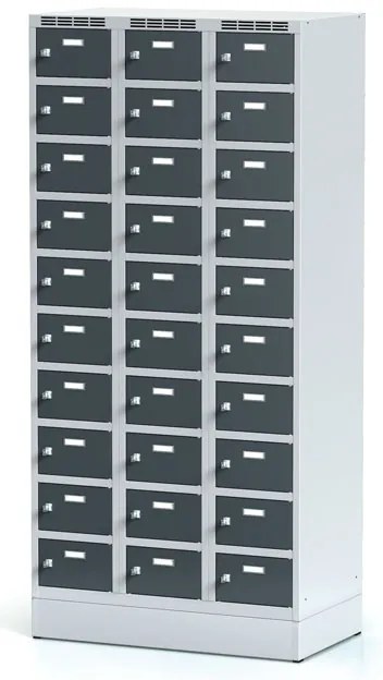 Szafka skrytkowa S6 na cokole, 30 schowków, 1920 x 900 x 500 mm, zamek obrotowy, drzwi ciemnoszare