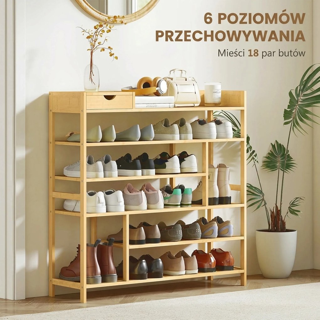 HOMCOM Regał na buty, stojak na obuwie z 6 półkami, szuflada z bambusa, dla maks. 18 par butów, regał do korytarza, sypialni, 101 x 30 x 100 cm, naturalny
