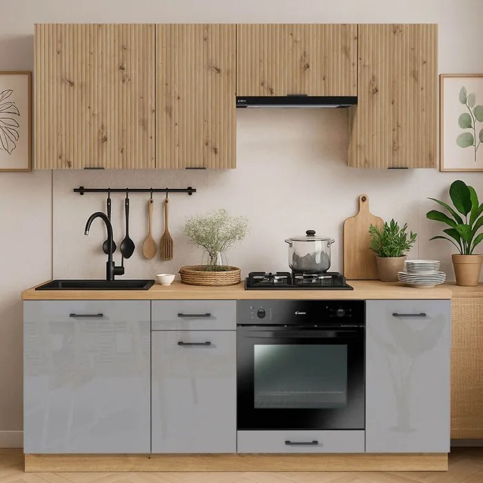 Zestaw Mebli Kuchennych MODERN 200 cm Dąb Artisan/Szary Połysk Ryflowany Nowoczesny