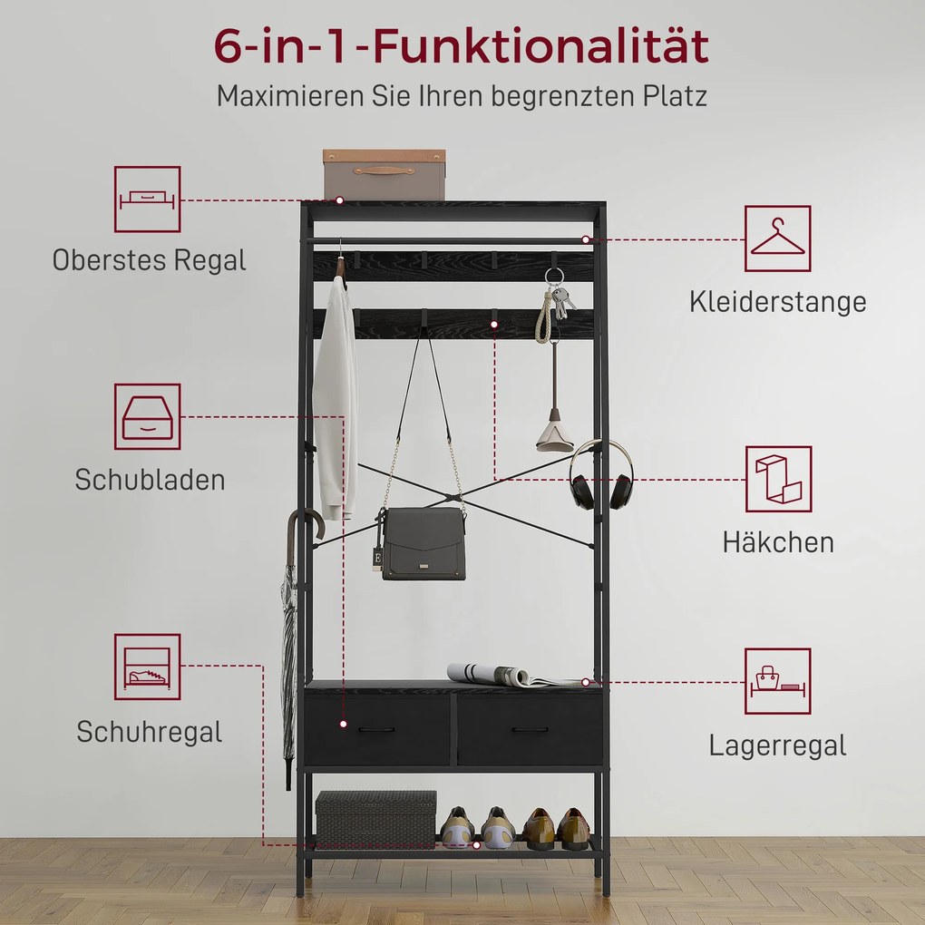 HOMCOM Stojak garderobiany z półką na buty w stylu industrialnym, 2 szuflady z materiału, 8 haczyków, metalowa rama, Czarny
