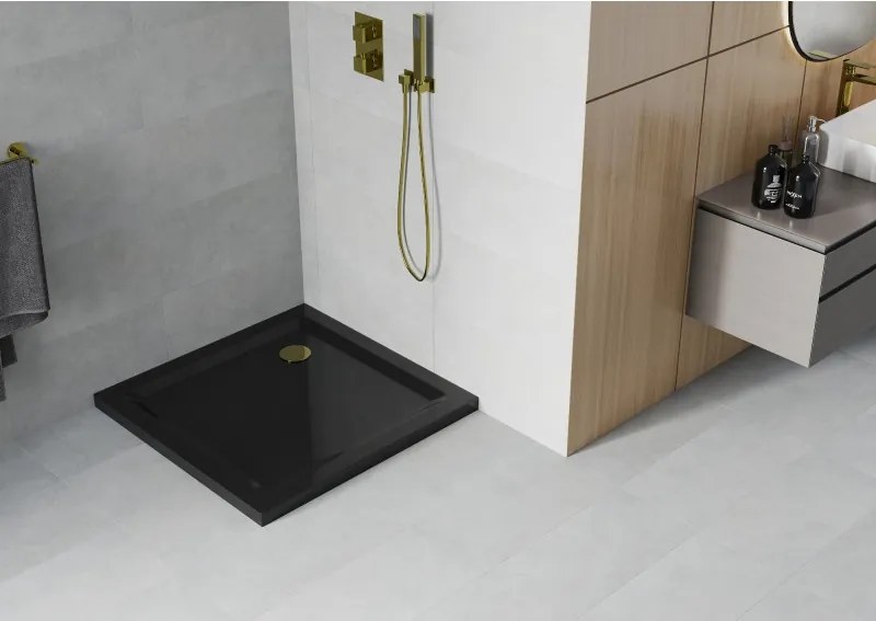 Mexen Flat brodzik kwadratowy slim 80 x 80 cm, czarny, syfon złoty - 40708080G