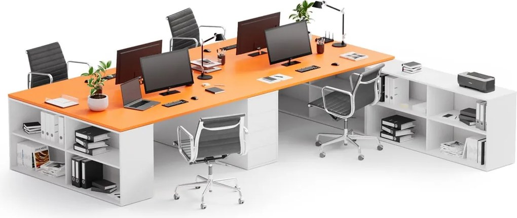 Zestaw biurek biurowych BLOCK B05, 4 stanowiska z przestrzenią do przechowywania, 360 × 320 cm, biały/pomarańczowy