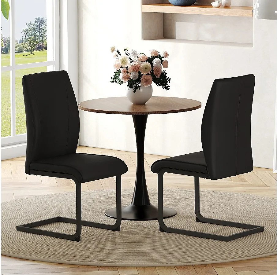 Zestaw 2 krzeseł do jadalni, czarna skóra ekologiczna, pikowane oparcie, metalowe nogi