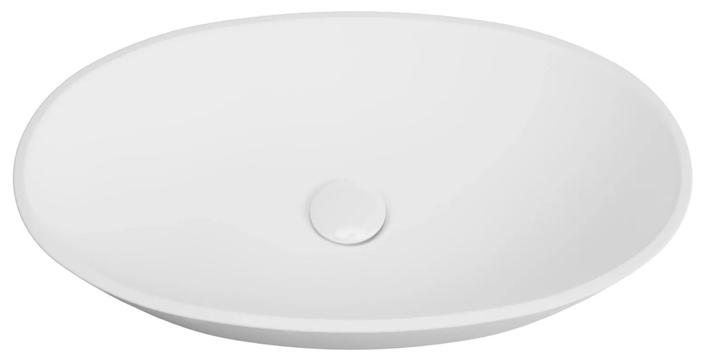Umywalka nablatowa owalna z konglomeratu biała błyszcząca bez otworu na baterię 60 x 35 cm RONA white Glow