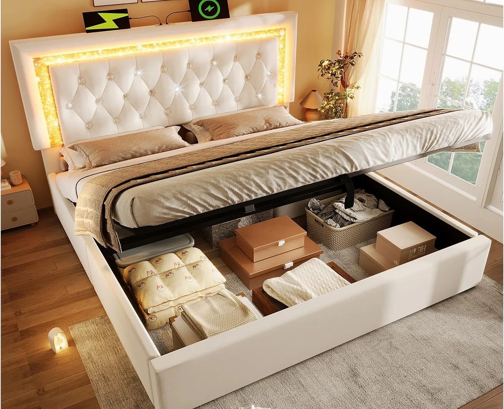 Łóżko tapicerowane ze schowkiem 160x200cm z weluru - z oświetleniem LED - z portami USB i Type-C - z stelażem lamelowym - Beżowy (bez materaca)