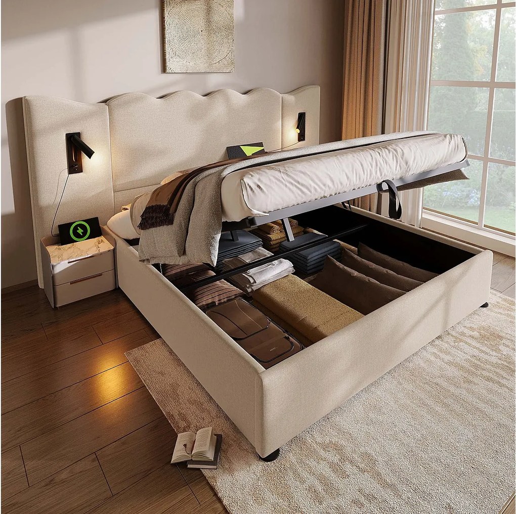 Łóżko ze schowkiem 180 x 200 cm z dużym zagłówkiem - Lampka do czytania i gniazda USB + Type-C - Tkanina lniana i lite drewno - Beżowy (bez materaca)