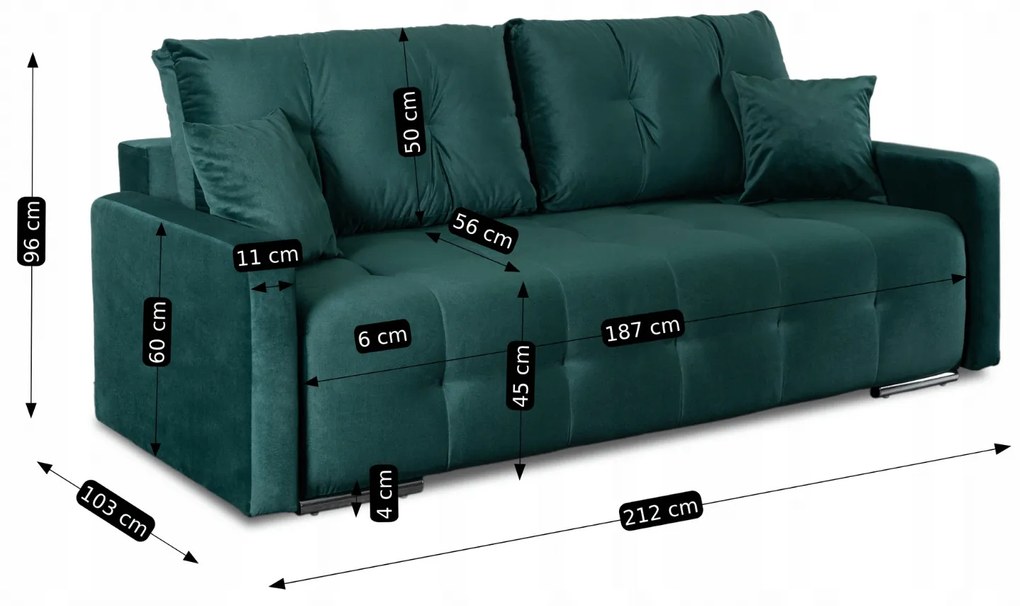 Sofa z Funkcją Spania FAVIO Wersalka Rozkładana Dwuosobowa Welurowa Zielona Nowoczesna do Salonu