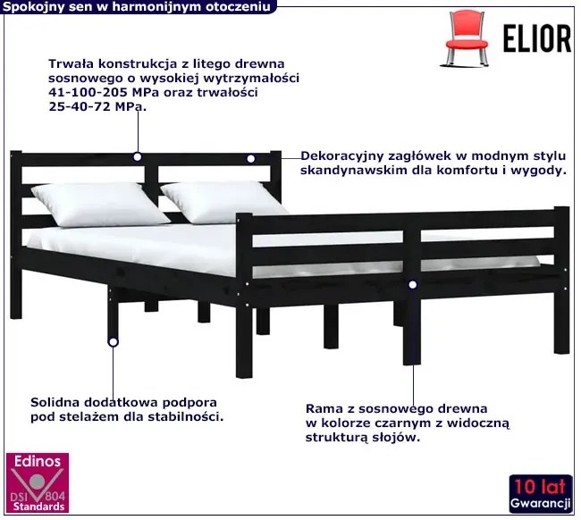Czarne łóżko z litego drewna sosny 120x200 - Fenso 4X
